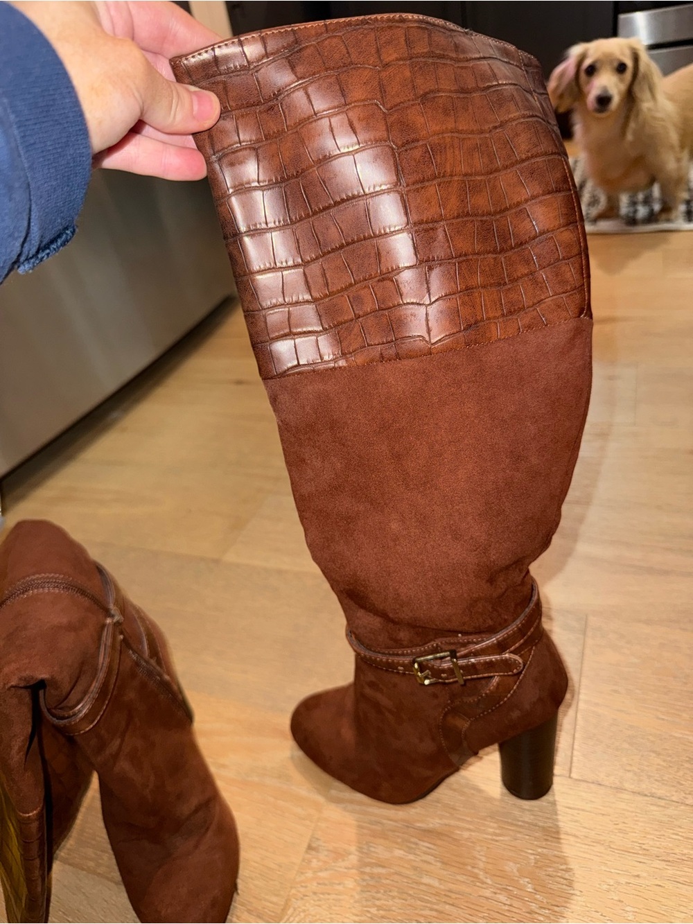 Women's Brown Suede Knee-High Boot with Croc-Embossed Shaft